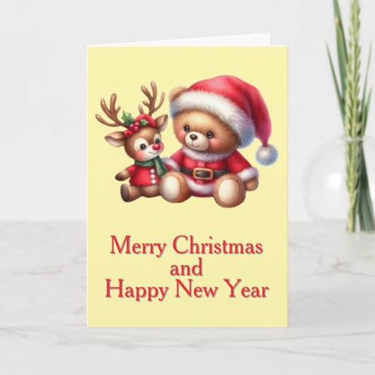 Tarjeta de Navidad con imagen de osito y reno. カード (正面)