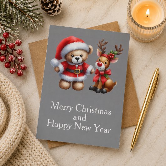 Tarjeta de Navidad con imagen de osito y reno. カード