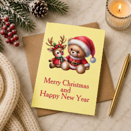 Tarjeta de Navidad con imagen de osito y reno. カード