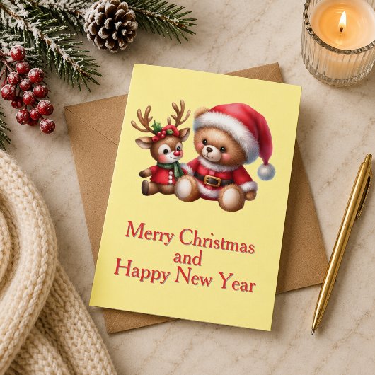 Tarjeta de Navidad con imagen de osito y reno. カード