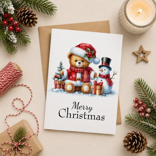 Tarjeta de Navidad: Teddy Bear y Snowman カード