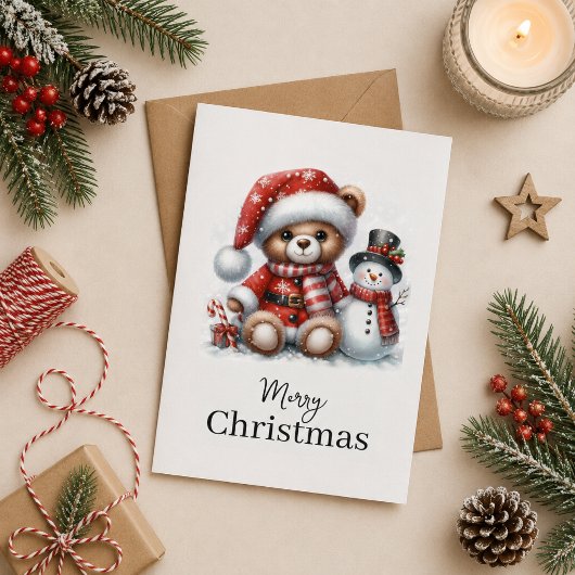 Tarjeta de Navidad: Teddy Bear y Snowman カード