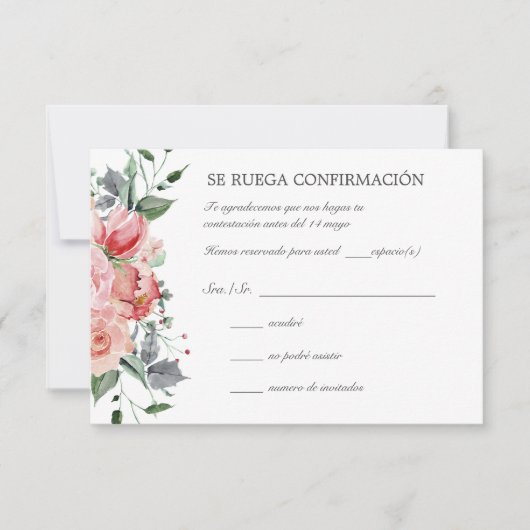 Tarjeta de RSVP de boda rosa elegante スペインの RSVP (正面)