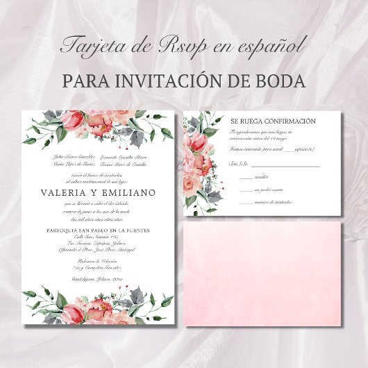 Tarjeta de RSVP de boda rosa elegante スペインの RSVP