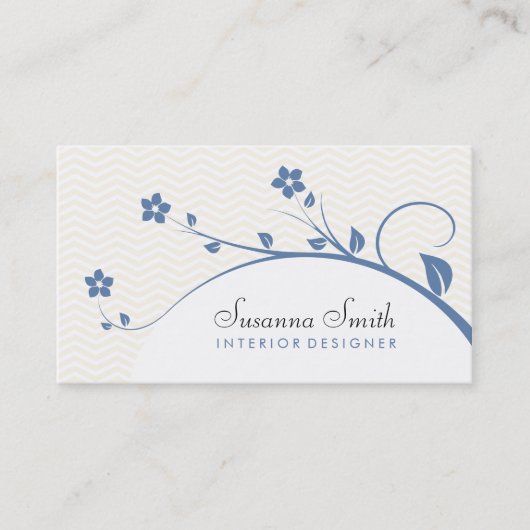 Tarjeta elegante con flores azules y chevrón 名刺 (正面)
