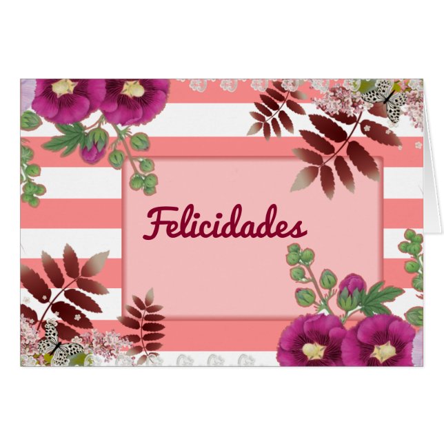 Tarjeta felicitación coral y flores felicidades (正面横)