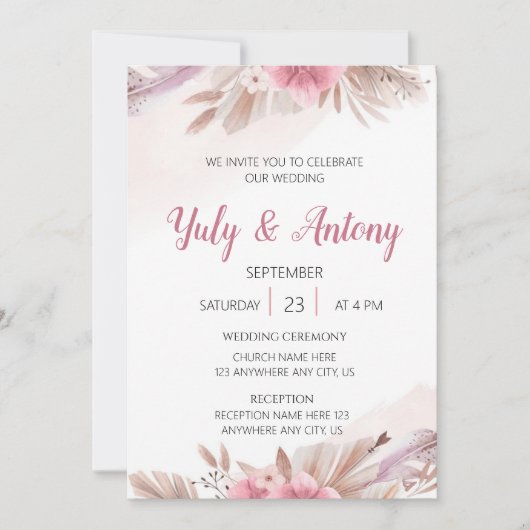 Tarjeta Invitación color champagne, rosado boda 招待状 (正面)