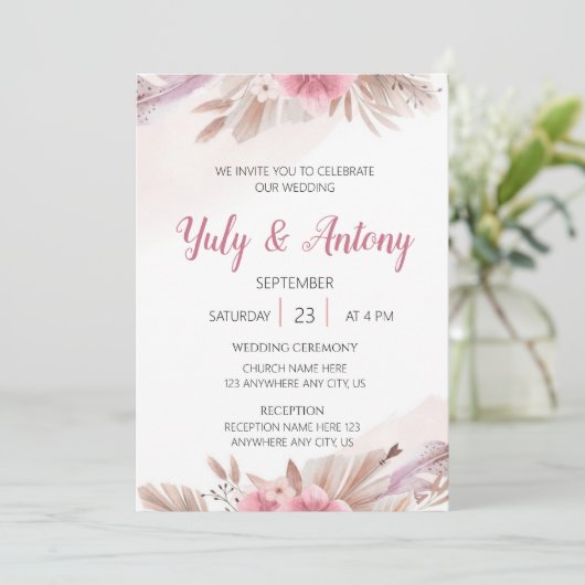 Tarjeta Invitación color champagne, rosado boda 招待状 (スタンド正面)