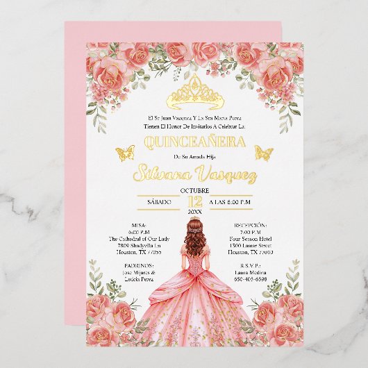 Tarjeta para Quinceañera Invitacion de quinceanera 箔招待状 (正面/裏面)