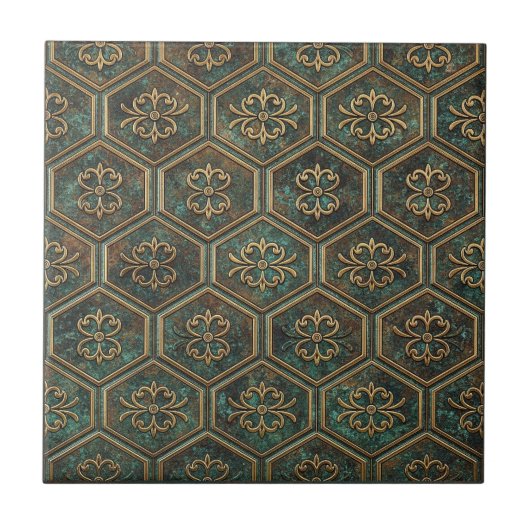 Tarnished Teal & Bronze Hexagon #17 ID1227 タイル (正面)