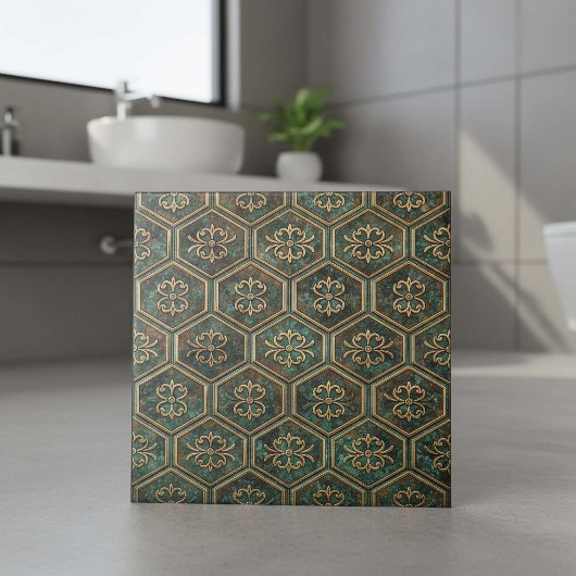Tarnished Teal & Bronze Hexagon #17 ID1227 タイル