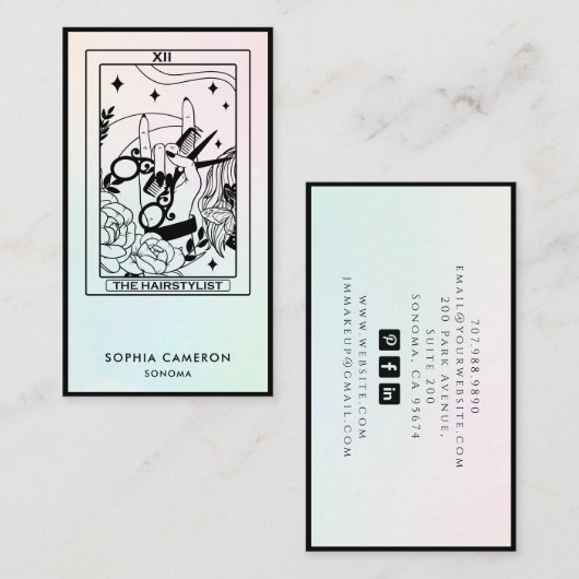  Tarot Hair Stylist Pink Green Ombre Business Card 名刺 (正面/裏面)