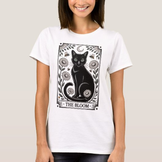 Tarot Karte - Schwarze Katze mit Blumen Tシャツ (正面)