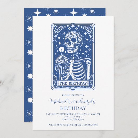 Tarot Skeleton Blue Birthday 招待状 (正面/裏面)