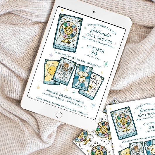 Tarot Wheel of Fortune Gender Reveal Baby Shower 招待状