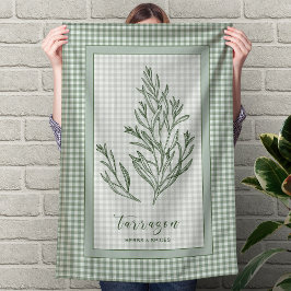 Tarragon Herb Kitchen Towel – Green Gingham Border キッチンタオル