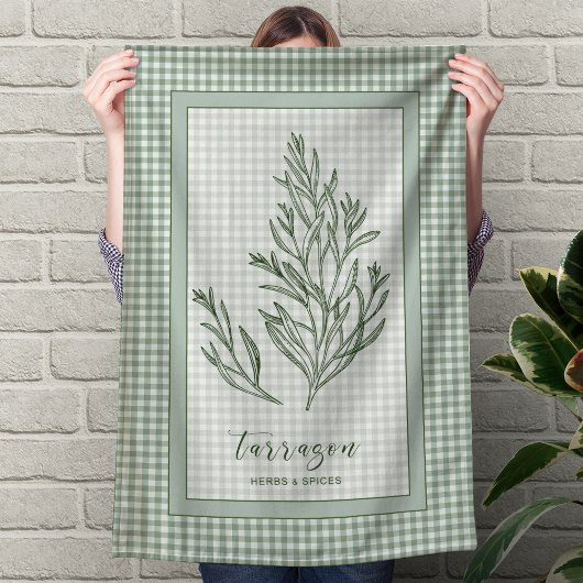 Tarragon Herb Kitchen Towel – Green Gingham Border キッチンタオル