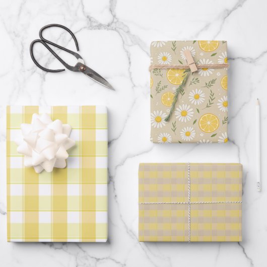 Tartan daisy lemon yellow beige set wrapping paper ラッピングペーパーシート (正面)