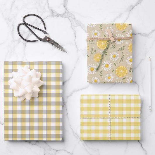 Tartan daisy lemon yellow beige set wrapping paper ラッピングペーパーシート (正面)