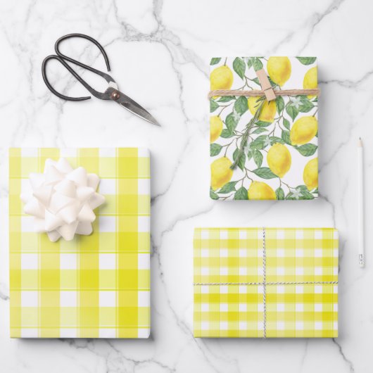 Tartan daisy lemon yellow green set wrapping paper ラッピングペーパーシート (正面)
