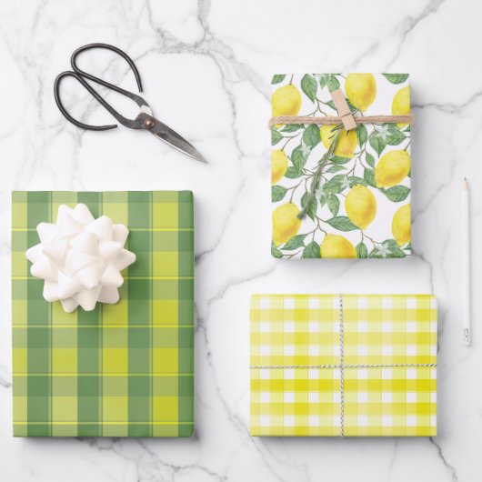 Tartan daisy lemon yellow green set wrapping paper ラッピングペーパーシート (正面)