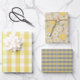 Tartan daisy lemon yellow grey set wrapping paper ラッピングペーパーシート
