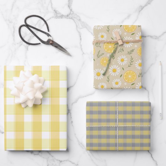Tartan daisy lemon yellow grey set wrapping paper ラッピングペーパーシート (正面)