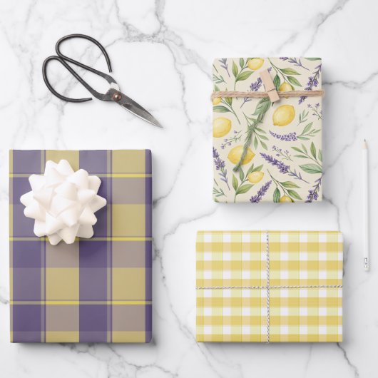 Tartan daisy lemon yellow lavender wrapping paper ラッピングペーパーシート (正面)