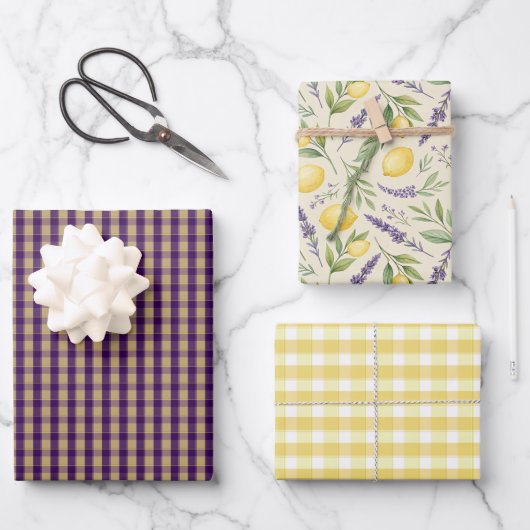 Tartan daisy lemon yellow purple wrapping paper ラッピングペーパーシート (正面)