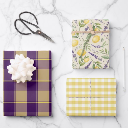 Tartan daisy lemon yellow purple wrapping paper ラッピングペーパーシート (正面)