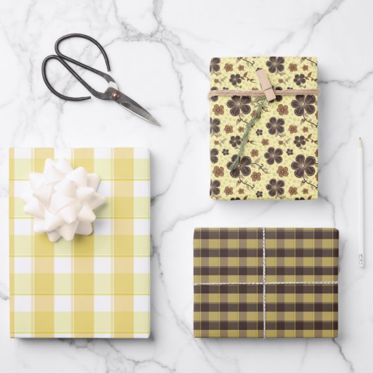 Tartan flower yellow brown set wrapping paper ラッピングペーパーシート (正面)