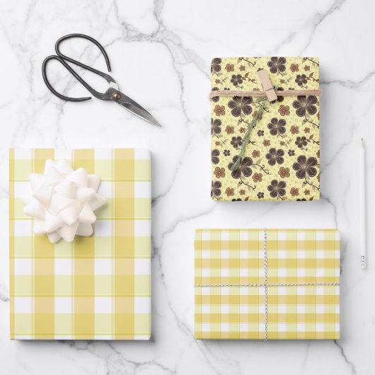 Tartan flower yellow brown set wrapping paper ラッピングペーパーシート (正面)