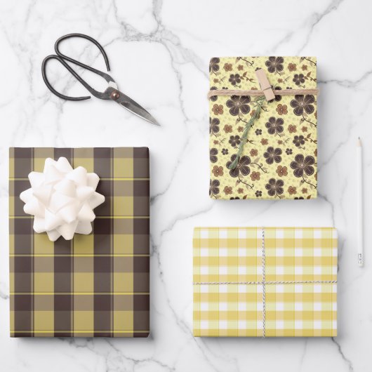 Tartan flower yellow brown set wrapping paper ラッピングペーパーシート (正面)