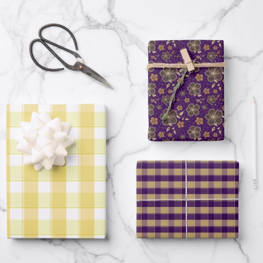 Tartan flower yellow purple set wrapping paper ラッピングペーパーシート (正面)