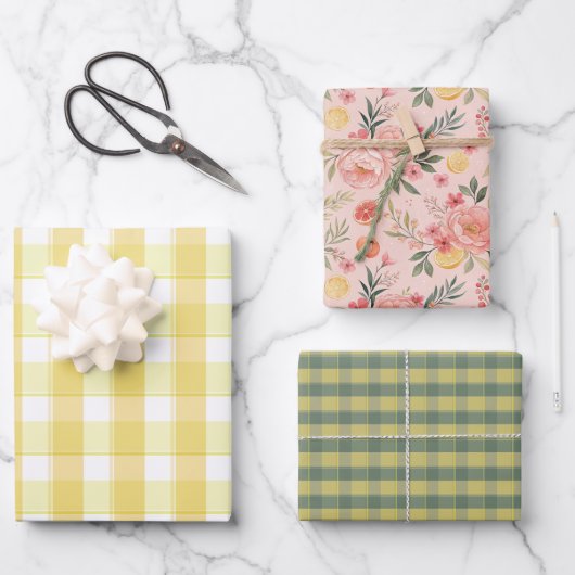 Tartan lemon yellow peach green set wrapping paper ラッピングペーパーシート (正面)