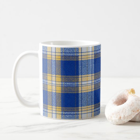 Tartan Plaid Blue and Yellow  コーヒーマグカップ (ドーナツ)