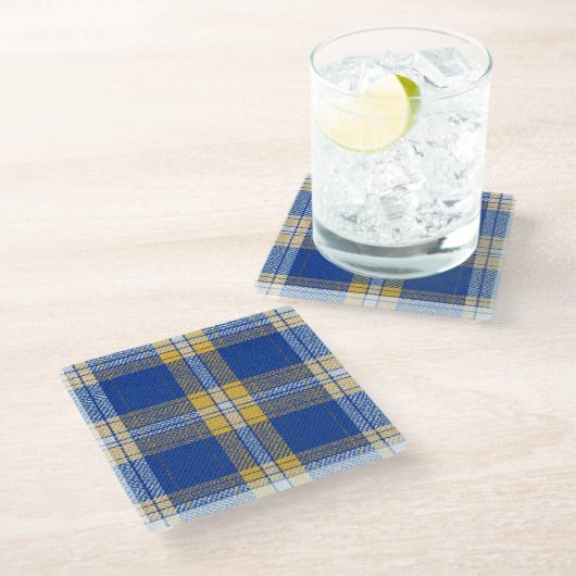 Tartan Plaid Blue and Yellow Glass Drinks Coaster ガラスコースター (アングル)