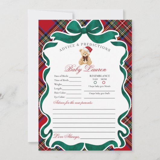Tartan Plaid Christmas Bear Advice for Baby Card 招待状 (正面)
