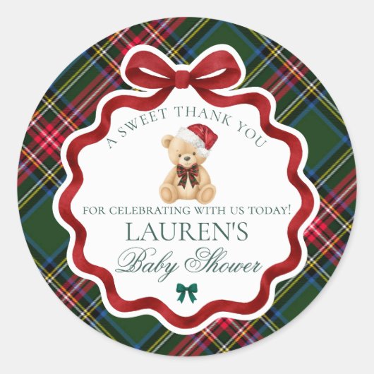 Tartan Plaid Christmas Bear Baby Shower Favor ラウンドシール (正面)