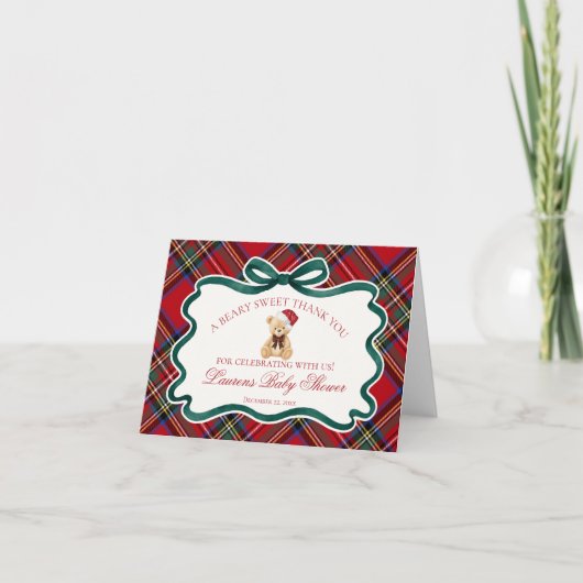 Tartan Plaid Christmas Bear Baby Thank You Card  サンキューカード (正面)