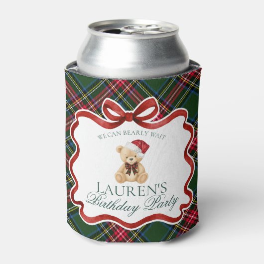 Tartan Plaid Christmas Bear Birthday Party Favor 缶クーラー (缶正面)