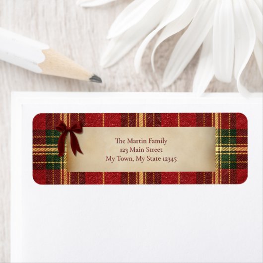 Tartan Plaid Christmas Red Bow Address Label ラベル (インサイチュ)