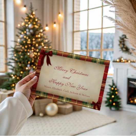 Tartan Plaid Christmas Red Bow Christmas Card シーズンカード