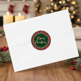 Tartan Plaid Gold Script Christmas Return Address ラウンドシール