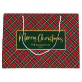 Tartan Plaid Gold Script Merry Christmas ラージペーパーバッグ (正面)