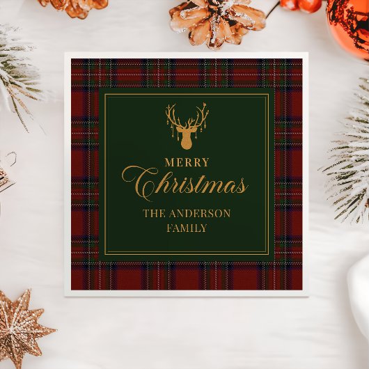 Tartan Plaid Merry Christmas Family Napkins スタンダードカクテルナプキン