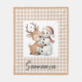 Tartan plaid reindeer snowman  beige white name フリースブランケット (正面)