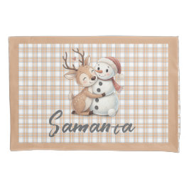 Tartan plaid reindeer snowman  beige white name 枕カバー