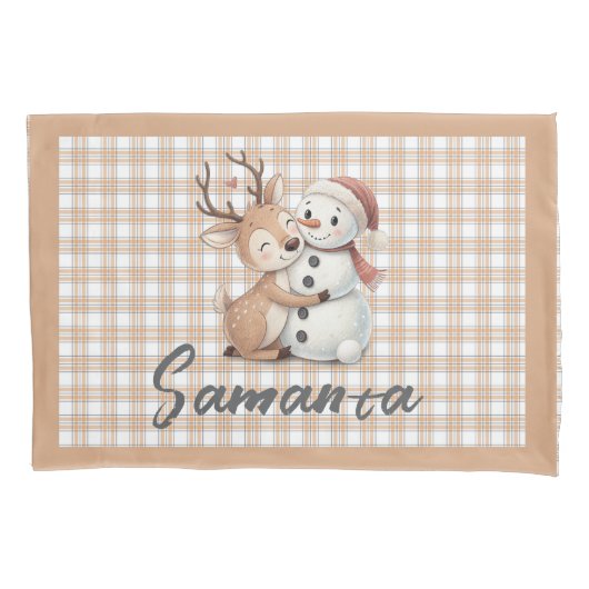 Tartan plaid reindeer snowman  beige white name 枕カバー (正面)