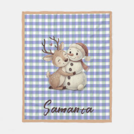 Tartan plaid reindeer snowman blue beige name フリースブランケット